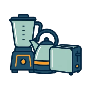 Assortment of small appliances (toaster, blender, microwave) grouped at curbside ready for pickup and recycling