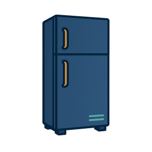 a navy blue refrigerator with orange handles and sea foam grate.