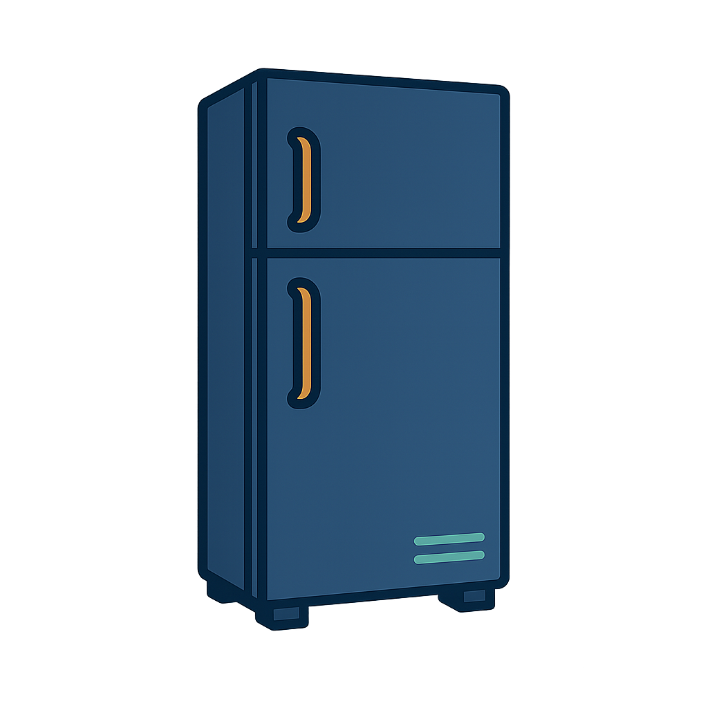a navy blue refrigerator with orange handles and sea foam grate.